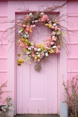 Fototapeta na wymiar eco spring easter wreath decor on pastel pink door of suburban house trendy decoration