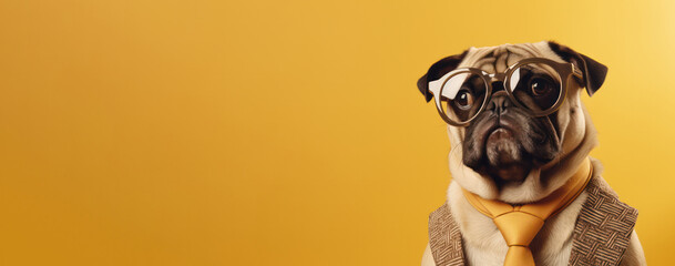 pug dog looking serious with tie and suit in glasses on yellow background copy space left. Optics eyewear salon. - obrazy, fototapety, plakaty