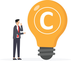 Fototapeta na wymiar Copyright protected and trademark intellectual property protection, original idea or innovation legal protection or registered law, businessman holding light bulb idea with copyright symbol. 