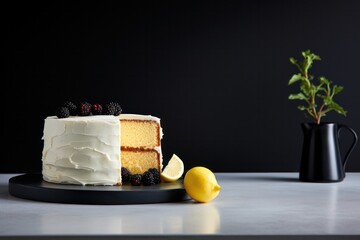 lemon chiffon cake in fancy minimal black kitchen with spring flowers. Sweet classic dessert for birthday celebration. - obrazy, fototapety, plakaty