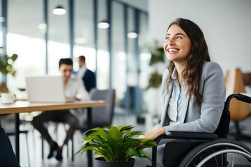 portrait of a caucasian businesswoman in a wheelchair, smiling. Inclusive office.  - obrazy, fototapety, plakaty