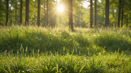The background trees frame a field of grass, kissed by the sun's rays and enhanced by an anamorphic lens flare - obrazy, fototapety, plakaty
