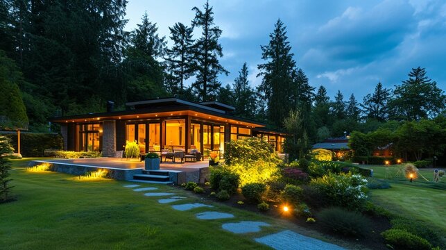 Beautiful home exterior in evening with glowing interior lights and landscaping