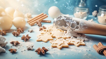  a cookie cutter sitting on top of a table covered in icing next to cinnamons and star shaped cookies. - obrazy, fototapety, plakaty