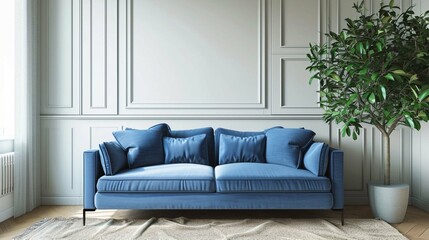 Blue sofa against paneling wall. Minimalist loft home interior design of modern living room. - obrazy, fototapety, plakaty