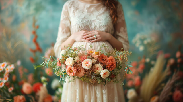 pregnant woman with flower arrangement on her belly, beauty and anticipation of pregnancy, close-up, studio background, pregnancy photography