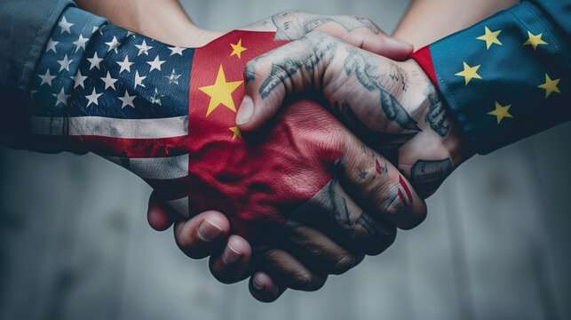 Hands clasped in a handshake, painted with the flags of the USA and China with EU, symbolizing partnership.
