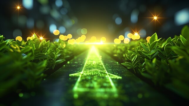 An illustration of energy efficiency in a modern cityscape, showcasing eco-friendly buildings with low power consumption, symbolizing green business practices and sustainable investments.