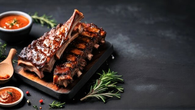Grilled pork ribs with grilled sauce, spices and rosemary
