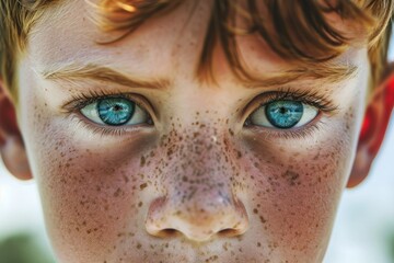 Close up beautiful face blue bright eyes eyebrows eyelashes freckles boy redhead child ginger kid...