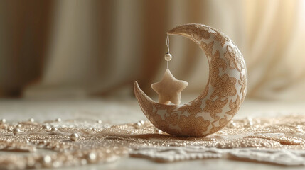 An ornate crescent moon with a hanging star on a shimmering background.