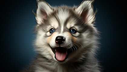 Cute puppy sitting, looking at camera, blue eyes generated by AI