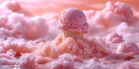 Summery Delight: A Tempting Studio Shot of a Strawberry Ice Cream Tub Captures the Irresistible Splash and Refreshing Pink Swirls of this Mouthwatering Frozen Dessert, Generative AI