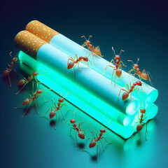 Ants carrying a cigarette