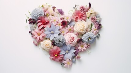  a heart - shaped arrangement of pink, blue and white flowers arranged in a heart - shaped arrangement on a white background.