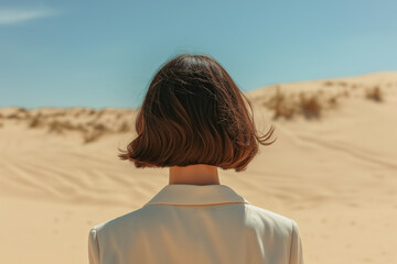 Fototapeta na wymiar anonymous female with a bob haircut in a cream blazer, back to the camera, against soft dune contours