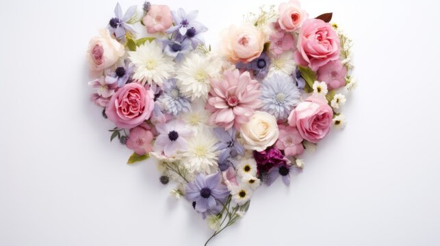 a heart shaped arrangement of pink, purple, and white flowers on a white background for a valentine's day card.