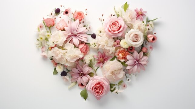  pink and white flowers arranged in the shape of a heart on a white background with leaves and flowers in the shape of a heart.