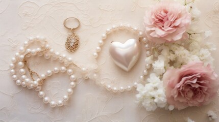  a bouquet of flowers, pearls, and a heart shaped keychain on a white tablecloth with lace.