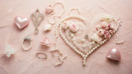  a heart shaped object with pearls and flowers on a pink tablecloth with pearls and other jewelry on the table.