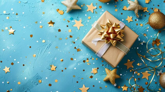 Christmas or birthday card with gift or present box and golden decorations from stars and confetti on blue turquoise background.