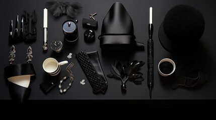  a black table topped with lots of different types of black accessories and a cup of coffee on top of it.