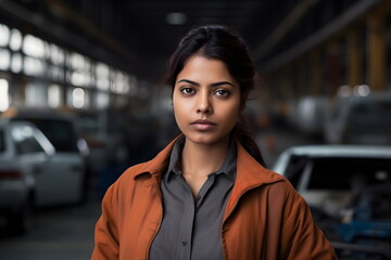 Fototapeta premium indian worker woman portrait in a car factory