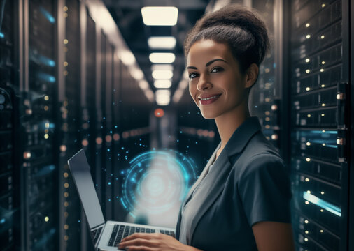 mujer inform&aacute;tica analista del big data portando un ordenador port&aacute;til en su mano, sobre fondo desenfocado de sala con ordenador central