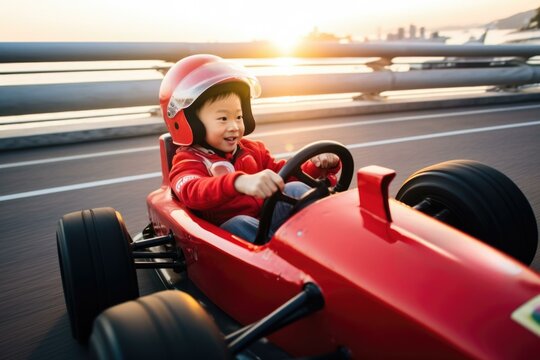 A little boy in a red racing car. Generative AI.
