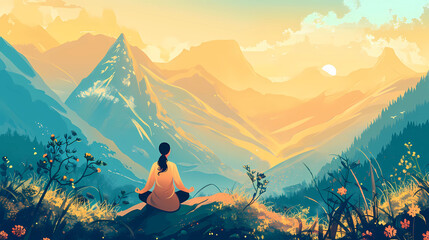 Illustration of a woman practicing meditation, yoga, and relaxation in her calm mountains, with tranquility, peaceful mind, well-being, and serenity - Generated by Generative AI - obrazy, fototapety, plakaty