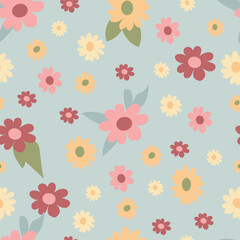 Seamless background with primitive, vintage floral pattern. Simple minimalistic background in boho style. 60s - 80s retro style vector. Nostalgic retro hippie print. Suitable for textiles, cards, pape