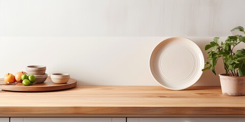 Product display with wooden plate on table in kitchen interior.