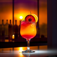 Colorful cocktail in a glass against a sunset backdrop