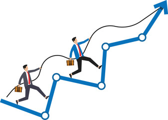 Business target and teamwork concept. Businessman leading colleagues climbing up to top
