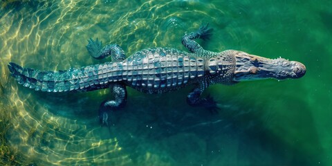 Solitary Alligator Gliding Through Sunlit Waters, a Display of Graceful Power in Its Natural Aquatic Habitat, Generative AI