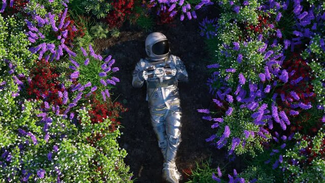 Astronaut lies amidst a vivid floral tapestry, a striking 3D blend of space exploration and earth's blossoms.