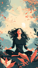 Illustration of a woman practicing meditation, yoga, and relaxation in her calm mountains, with tranquility, peaceful mind, well-being, and serenity - Generated by Generative AI
