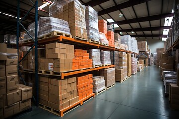 a huge warehouse of a transport company with high racks, parcel loaders work in the warehouse