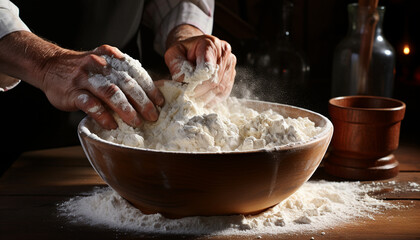 Fototapeta premium One person preparing homemade bread, kneading dough on wooden table generated by AI