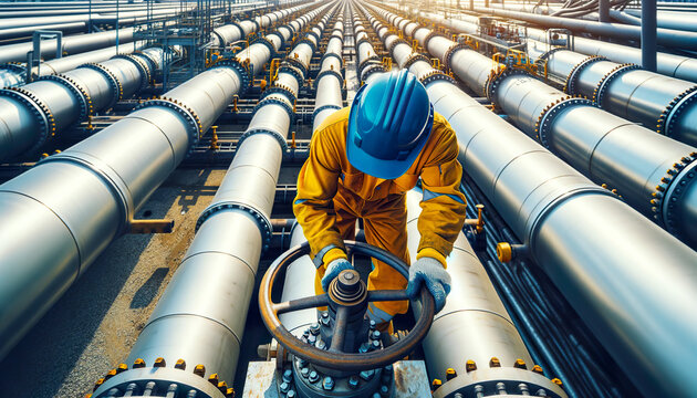 Oil industry worker on top of a large oil pipe line turning a valve. Basic agenda for pipeline maintenance is regular inspection and testing