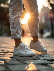 A person wearing white sneakers standing on a street. Generative AI.