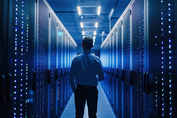 Image of the server operator Standing in the center, in the control room, network concept, modern room, futuristic, technology