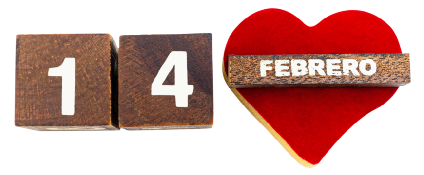 14 de Febrero. Día de San Valentín. Día de los enamorados. Bloques de madera con el número 14 y corazón de felpa con la palabra Febrero. Fondo transparente.