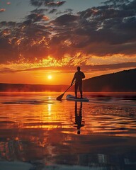 A distant silhouette of a person paddleboarding on a tranquil lake with a spectacular sunset and clouds above.