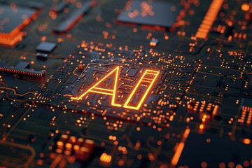 The electronic circuit board has an AI system that processes it. Computer operation, 3D rendering, futuristic background