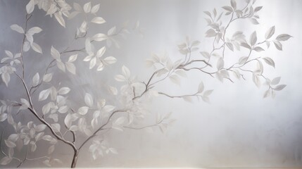  a painting of a tree branch with white leaves on a gray background with a light reflection of the leaves on the wall.