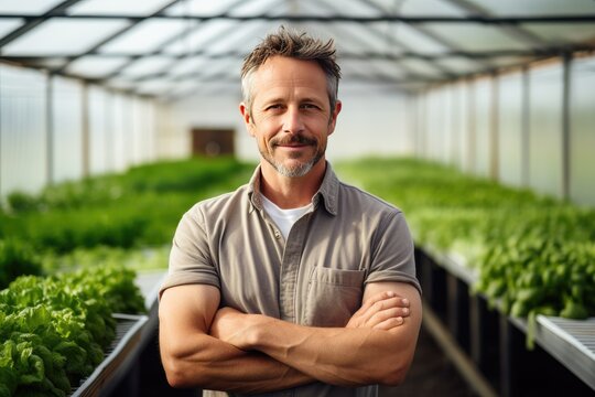 Potrait of a vegetable grower working in a large industrial greenhouse growing vegetables and herbs. Farmer