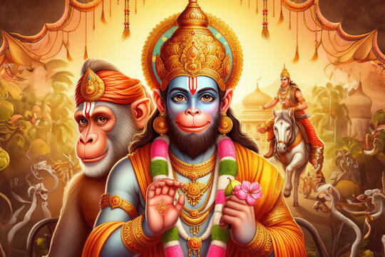 Illustration Lord Hanuman on abstract background for Hanuman Jayanti festival of India and Happy Dussehra celebration background