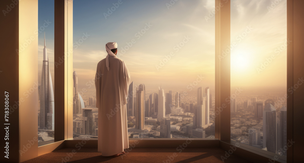 Wall mural silhouette of a muslim man in a white robe with a hood looking at the city.