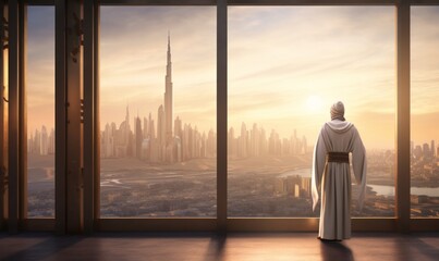 Fototapeta premium Muslim woman in hijab looking at the city